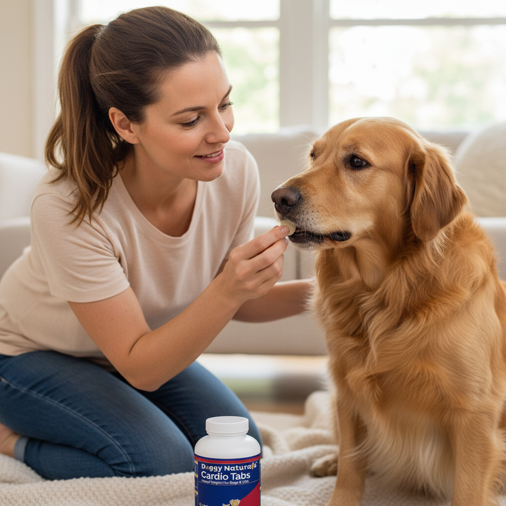 Owner giving dog Cardio Tabs heart support tablet supplement