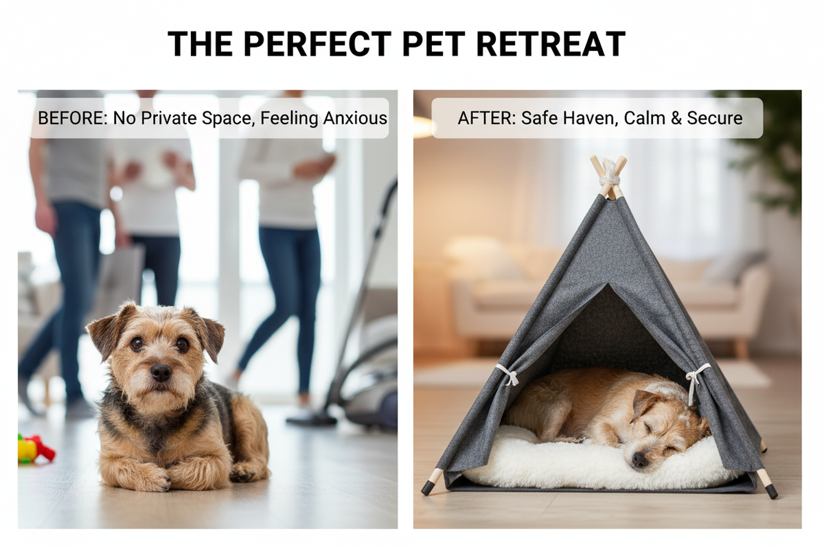 Before and after: anxious dog vs calm dog in teepee tent