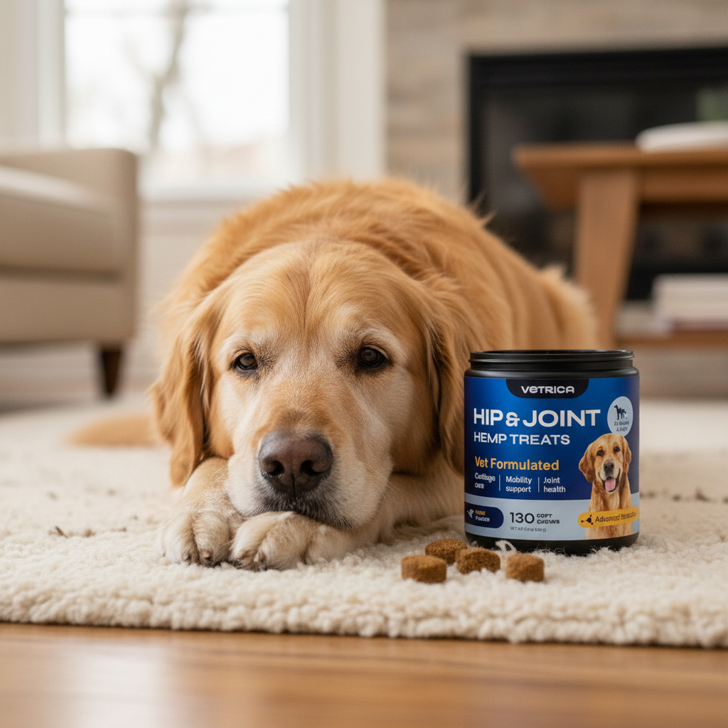 Senior dog resting comfortably after joint pain relief from hemp supplement