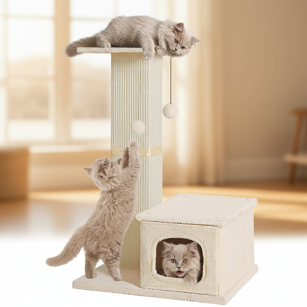 Kitten playing on small cat tree with sisal post and toy