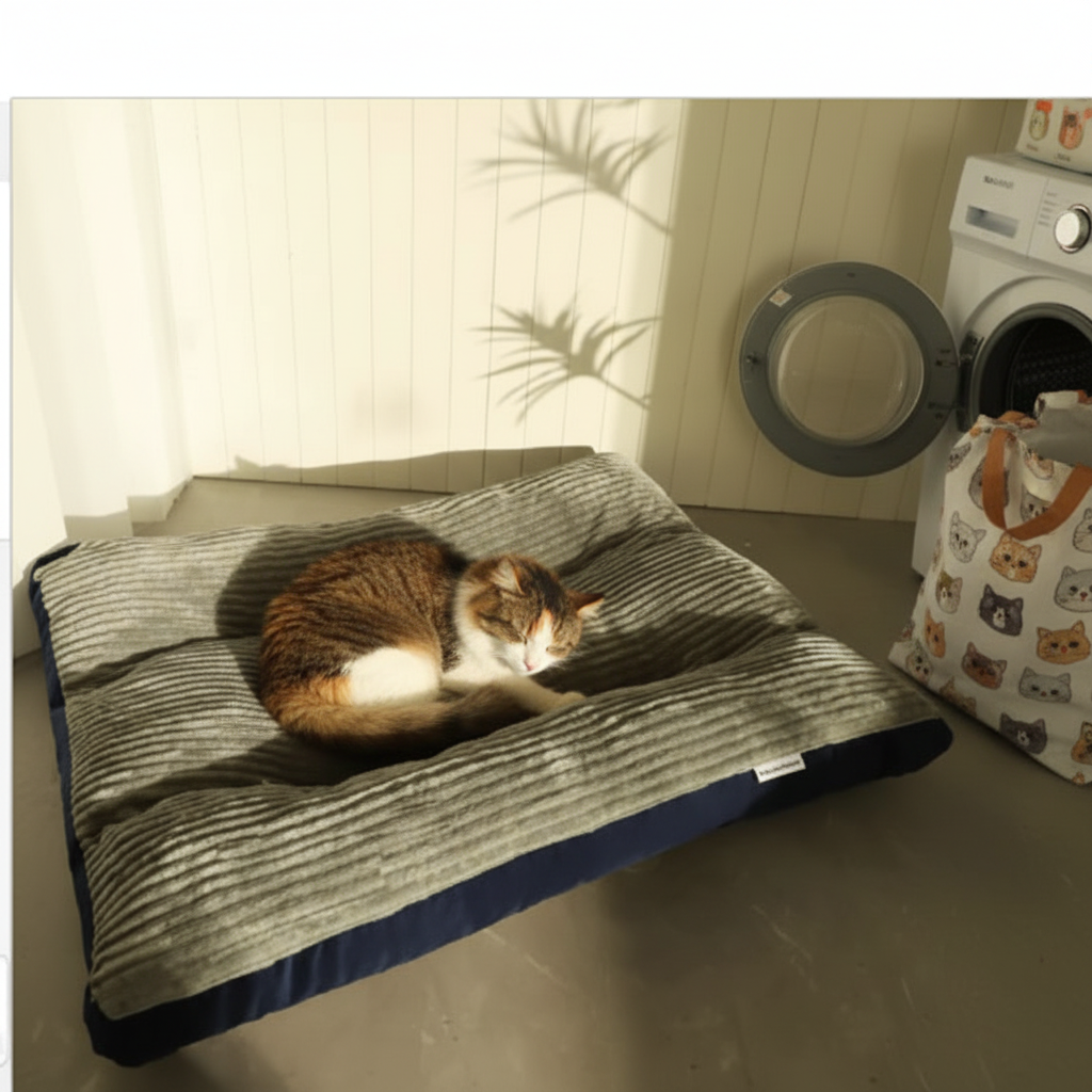 Cat curled up on machine-washable pet bed easy-clean convenience hygiene