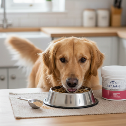 Healthy dog eating food with digestive powder mixed in comfortable