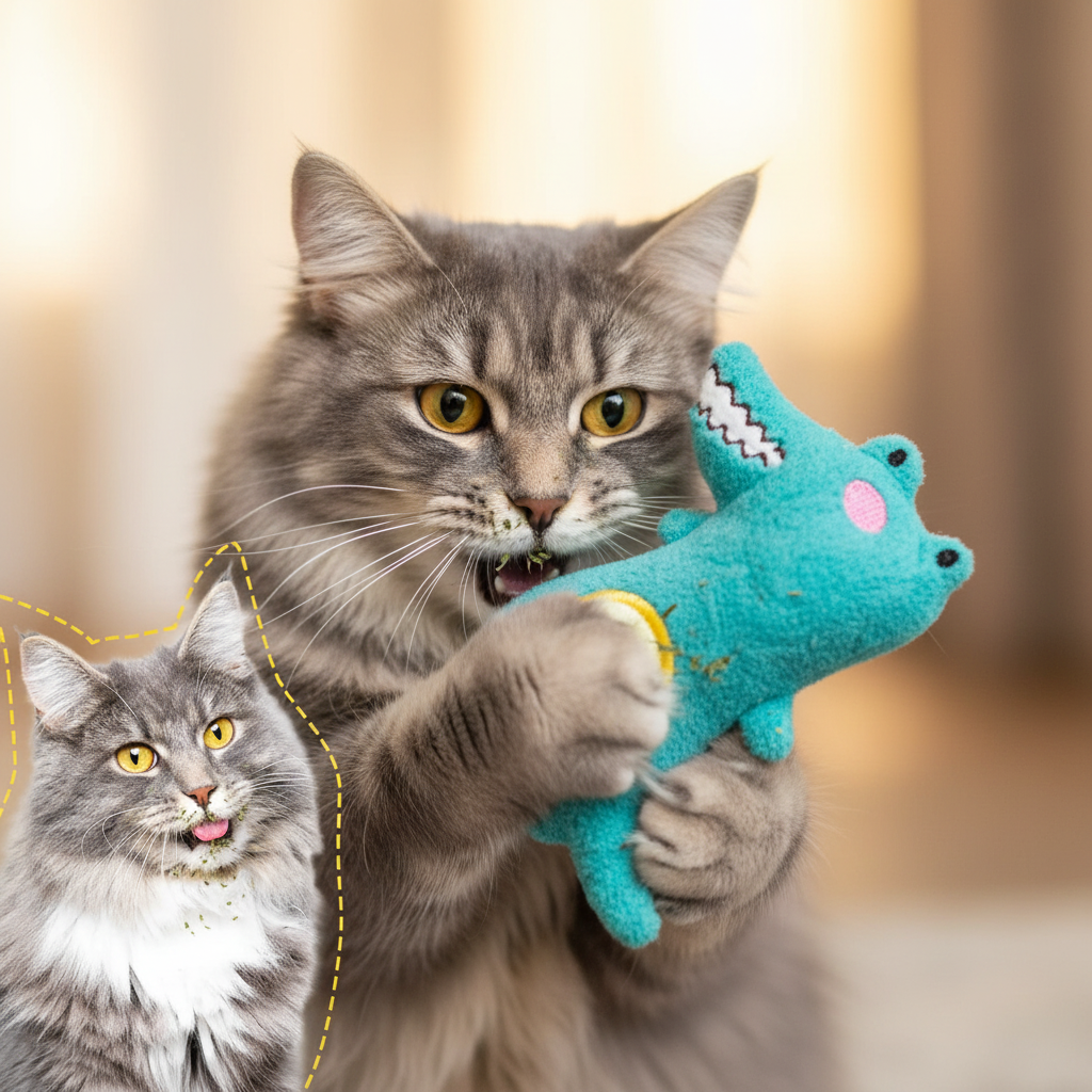 Gray cat playing with catnip-filled plush toy