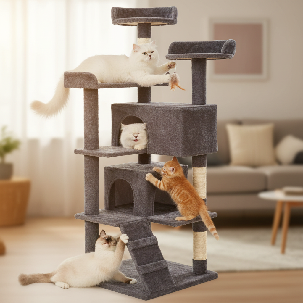 Cats and kittens playing on grey multi-level cat tower