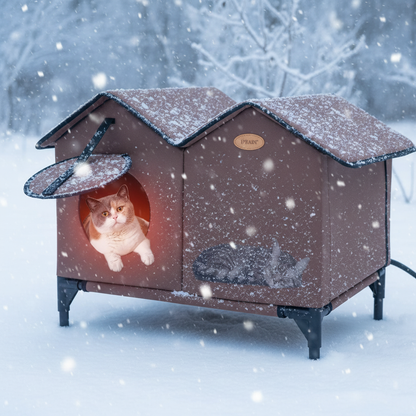 Grey stray cat staying warm in insulated heated shelter