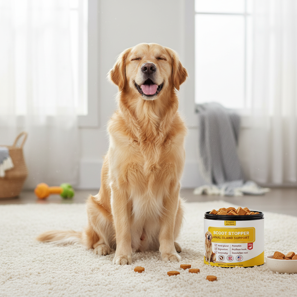 Comfortable dog without scooting after Scoot Stopper fiber supplement
