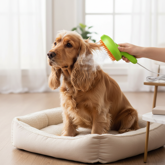 Cocker Spaniel having tangles removed with 3-in-1 electric brush
