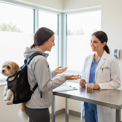 Person wearing pet carrier backpack with small dog at vet hands-free convenience