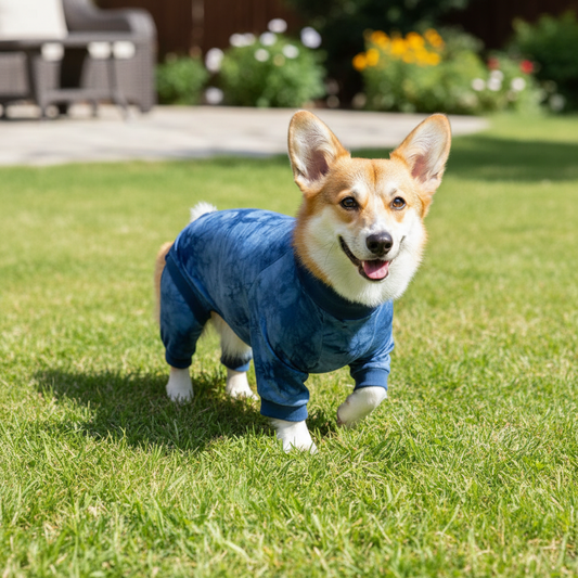 Corgi wearing blue recovery onesie after surgery walking comfortably