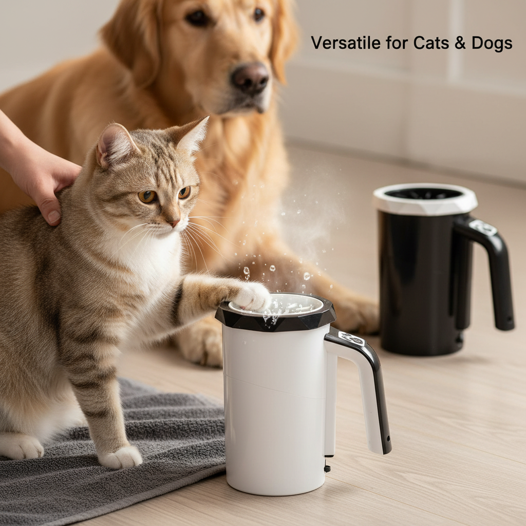 Cat having paws cleaned with soft silicone brush gentle cleaning