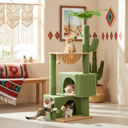 Small cats using 45-inch green cactus cat tree