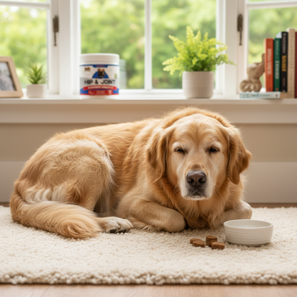 Senior dog resting comfortably after joint pain relief from ColEaze