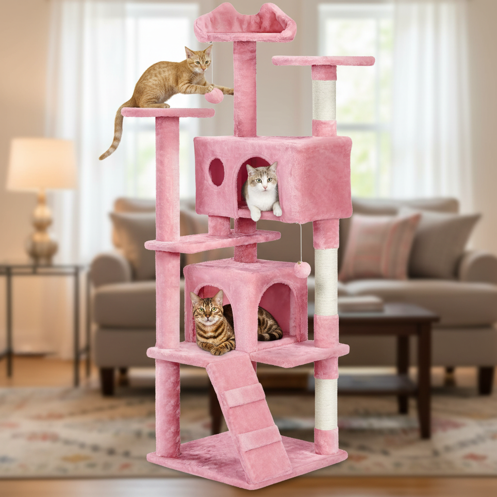 Cats playing on pink multi-level cat tower with platforms