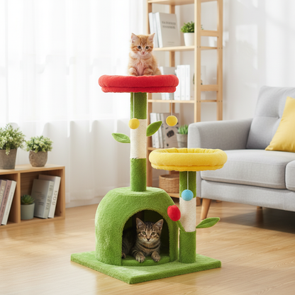 Small cat on 37-inch green flower cat tree in apartment