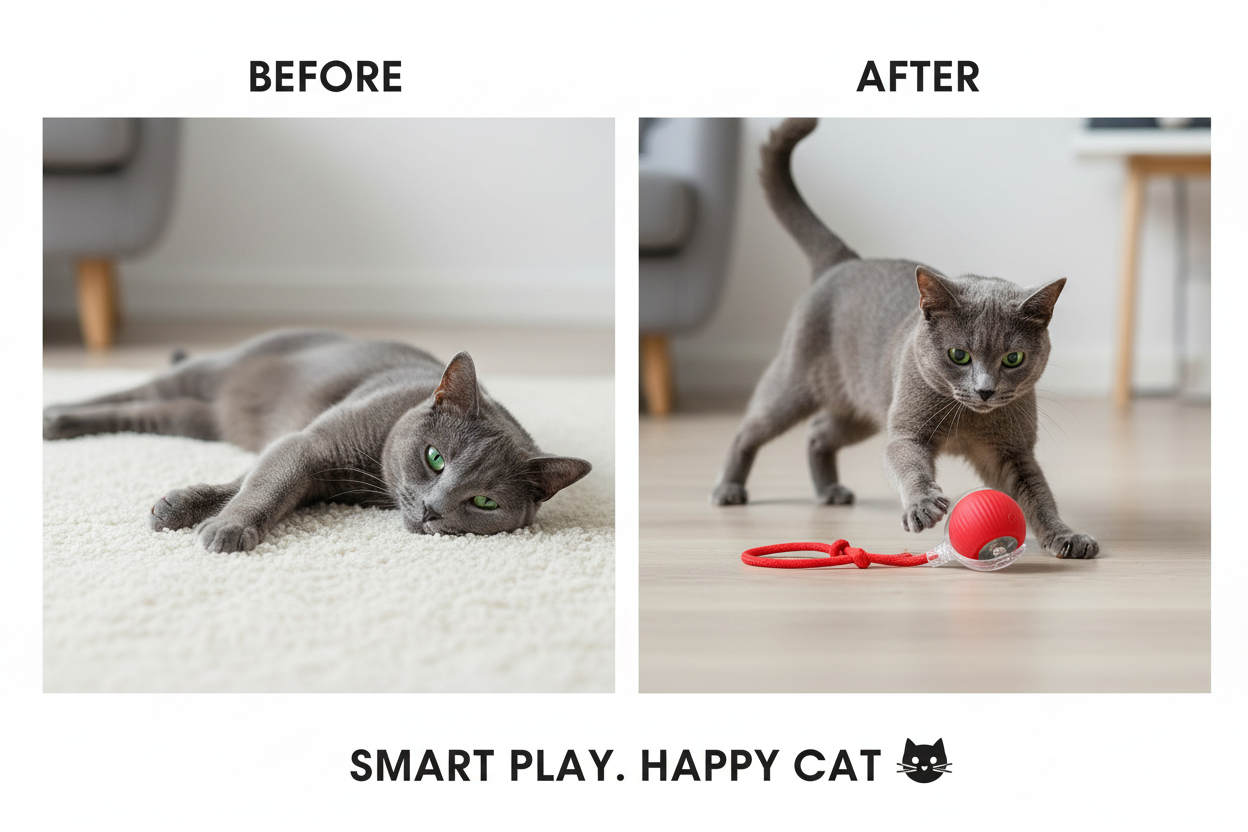 Russian Blue cat before and after with interactive toy