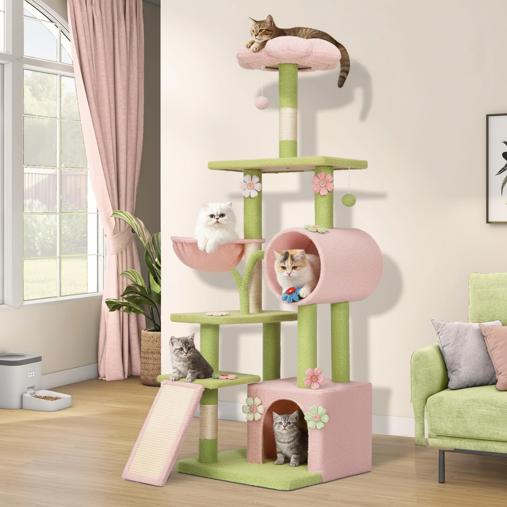 Cats playing on 65-inch pink and green flower cat tree