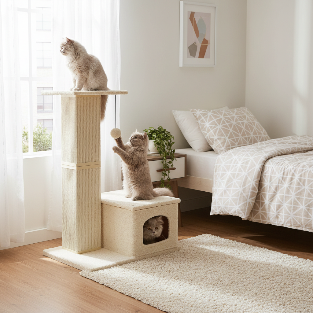 Small cat using compact 31-inch beige cat tree in apartment