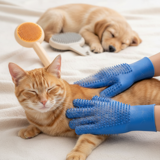 Cat enjoying gentle massage with grooming gloves relaxed versatile