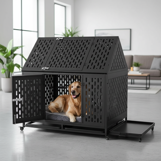 Large dog in 45-inch heavy-duty indestructible metal crate with roof