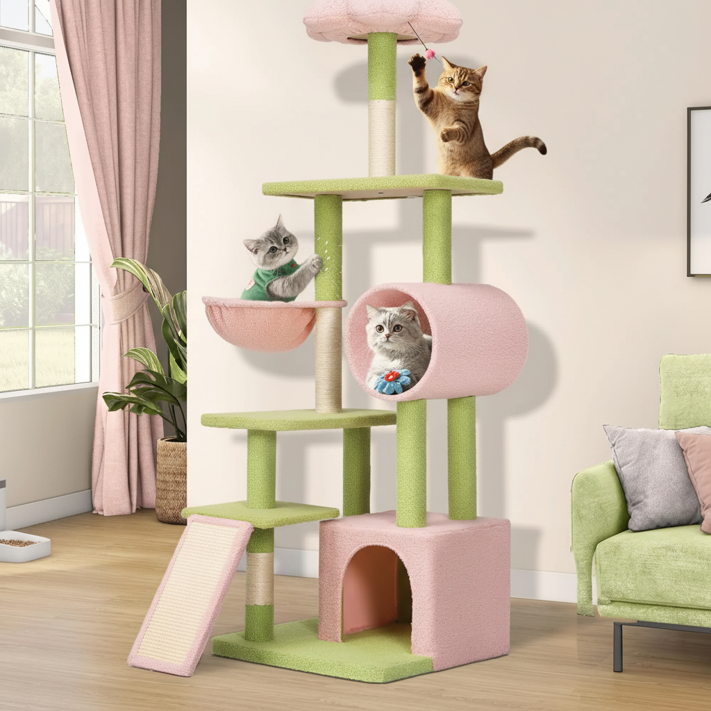 Cats using flower-themed cat tower with tunnel and perch