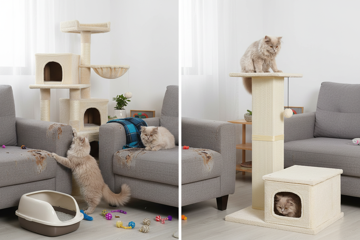 Before and after: cramped space vs compact cat tree solution