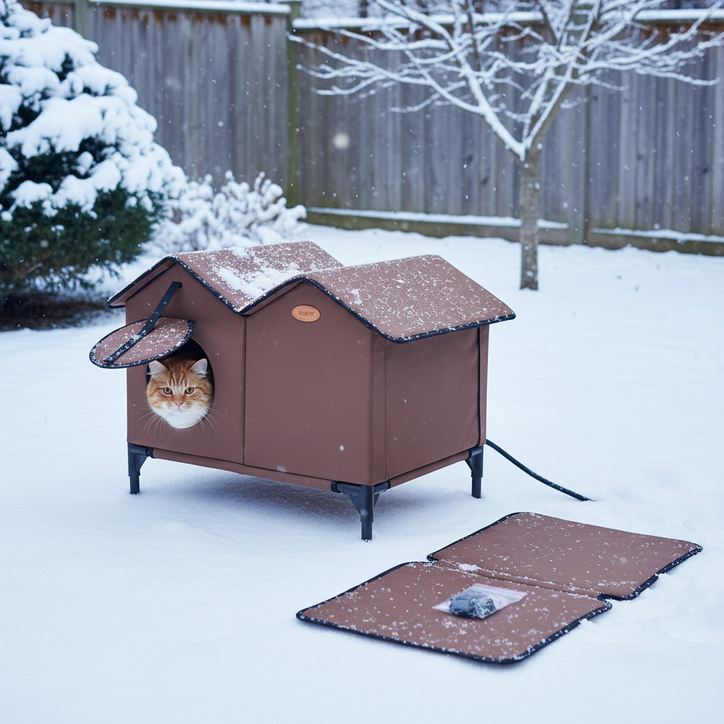 Orange tabby cat warm in elevated heated outdoor cat house in winter