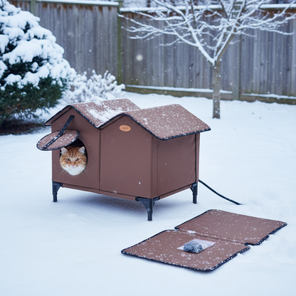 Orange tabby cat warm in elevated heated outdoor cat house in winter