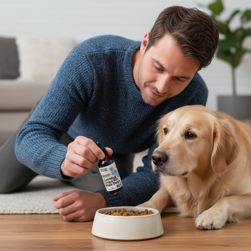 Owner adding liquid calming drops to dog food bowl easy administration