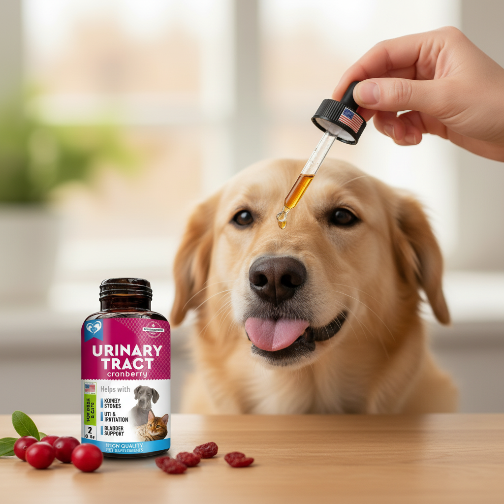 Person administering natural UTI drops to dog easy use simple administration