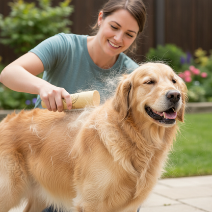 Owner brushing Golden Retriever with deshedding brush removing loose fur