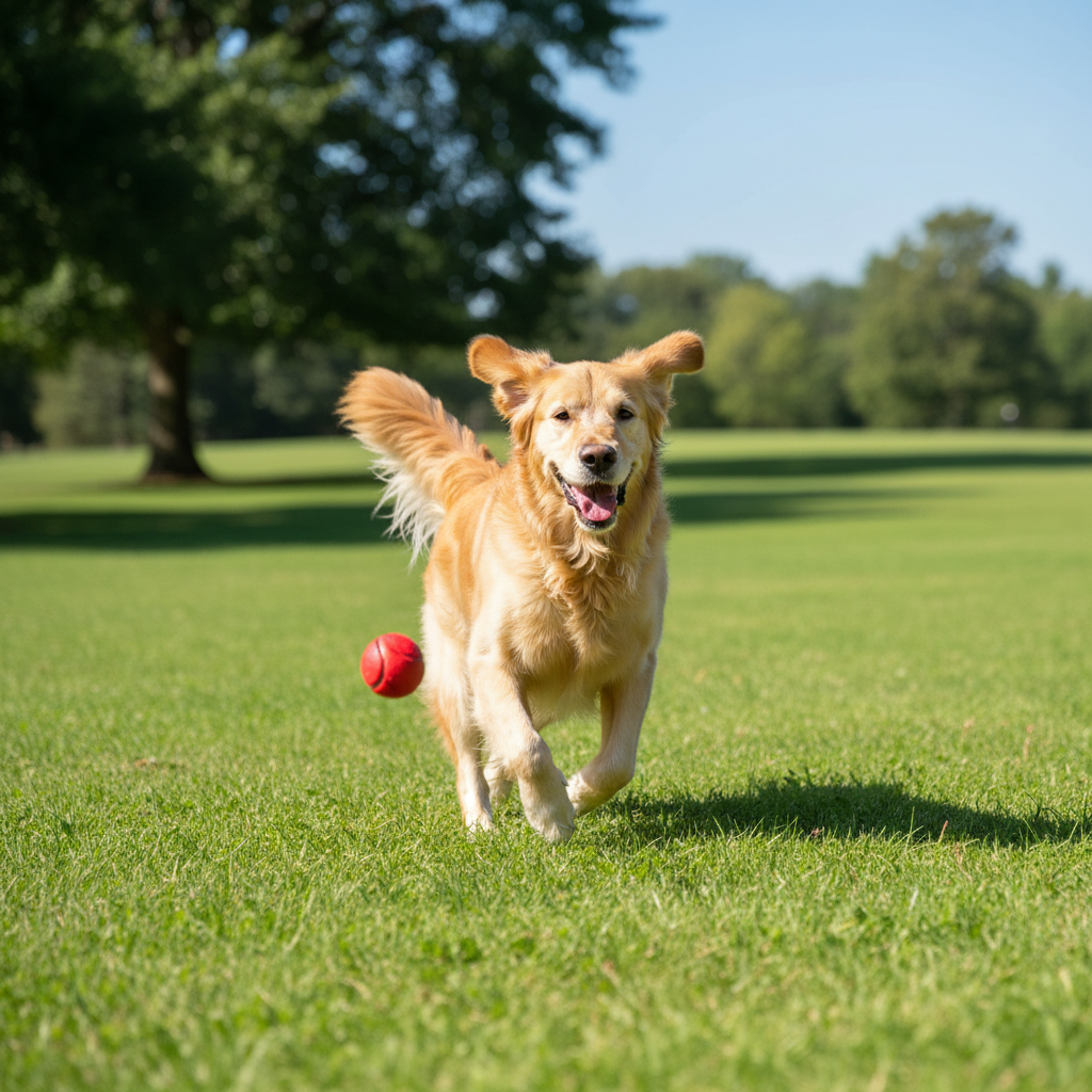 Happy dog running with improved mobility from glucosamine hip joint supplement