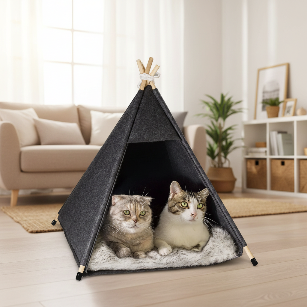 Small dog and cat resting in cozy pet teepee tent