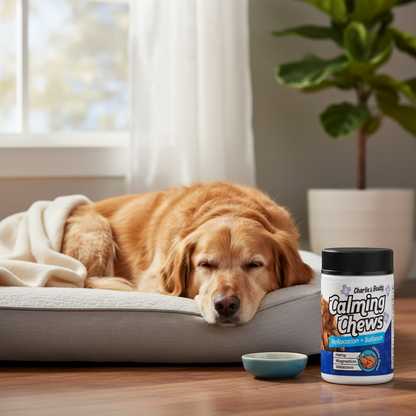 Calm relaxed dog resting peacefully after calming chews for anxiety relief