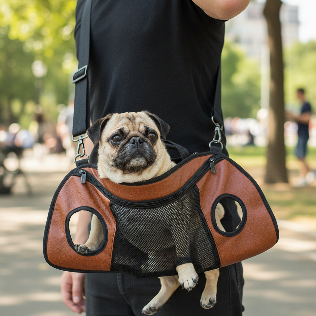 Pug in brown crossbody pet carrier bag
