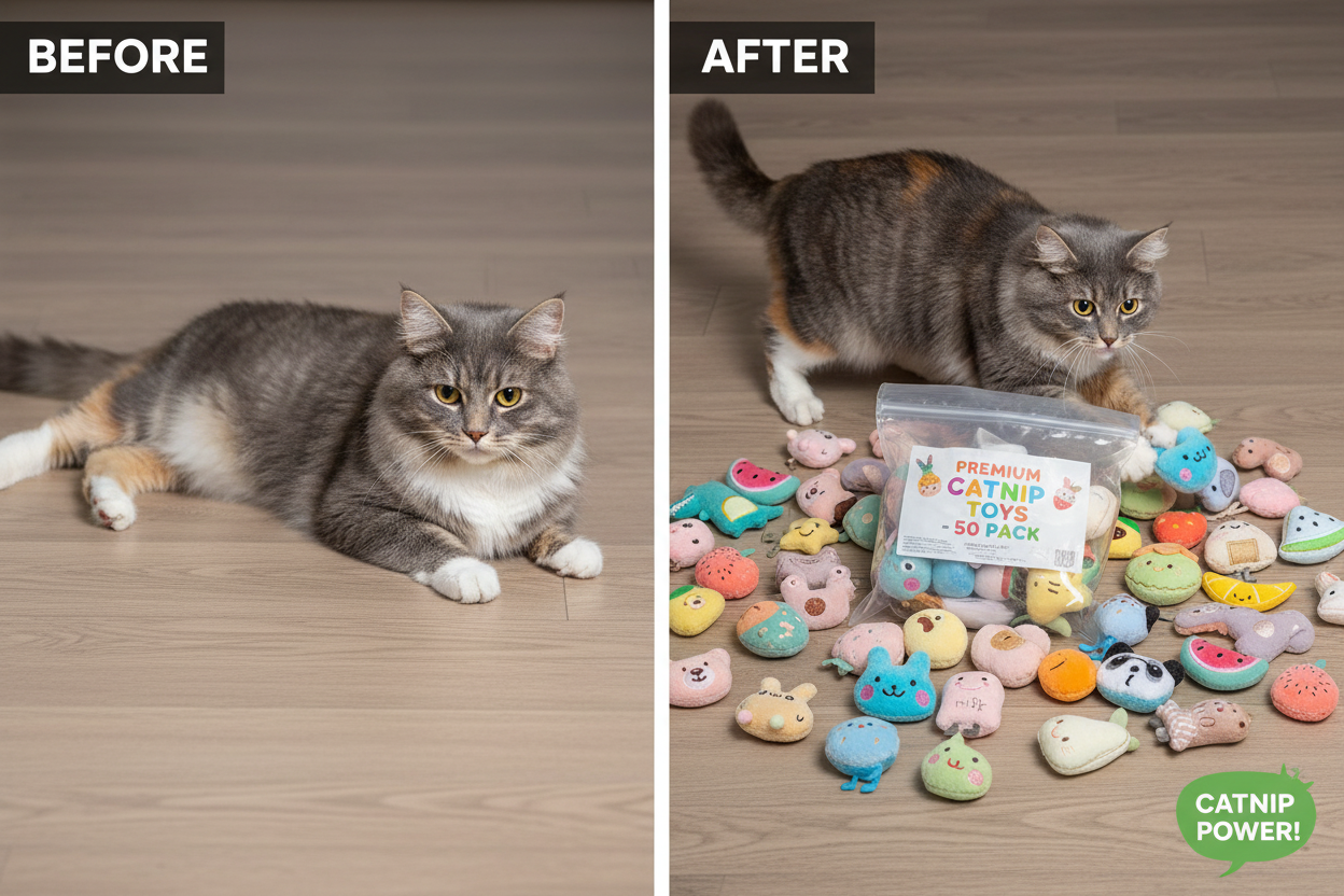 Calico cat before and after with 50 catnip toys