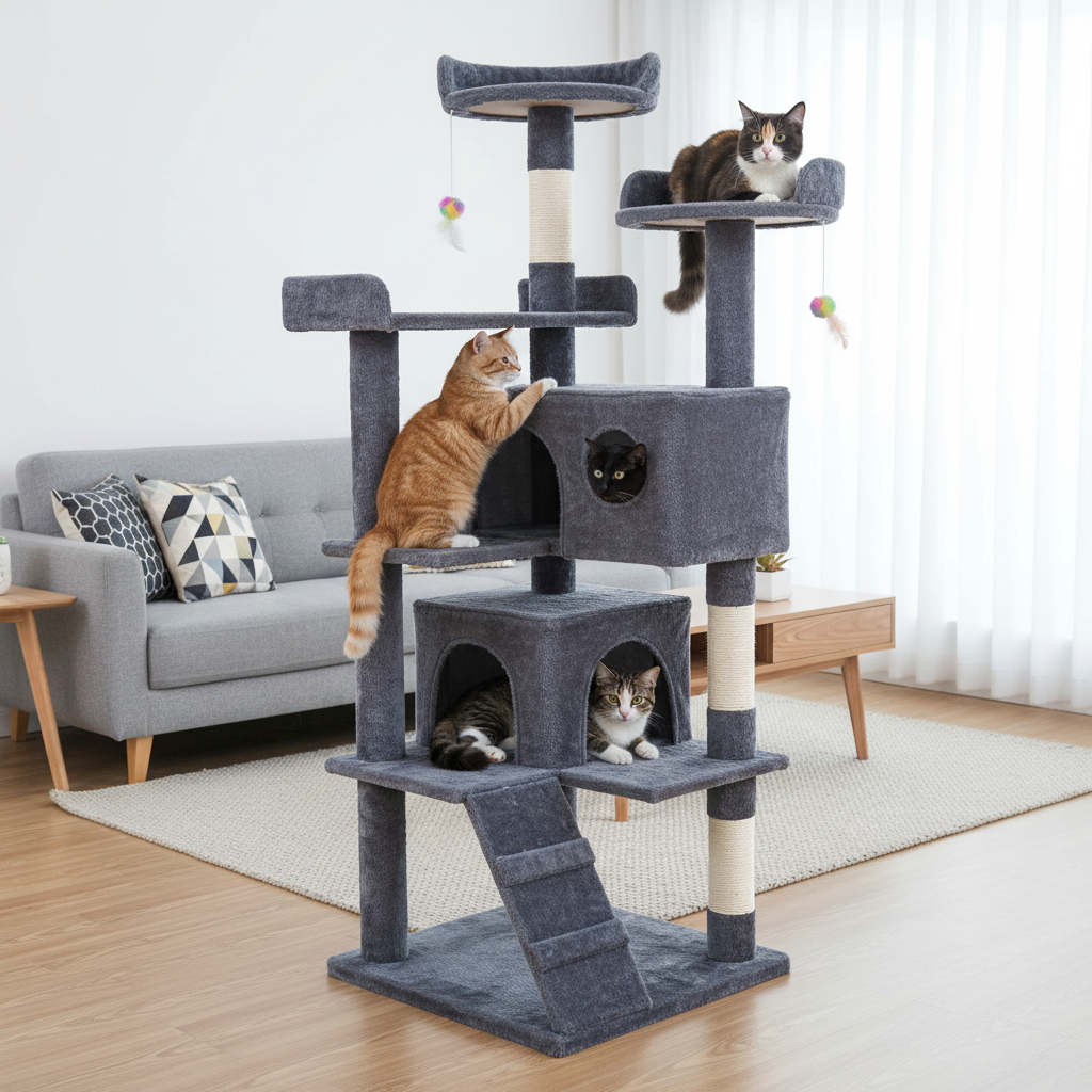 Multiple cats using 56-inch grey cat tree with 2 condos