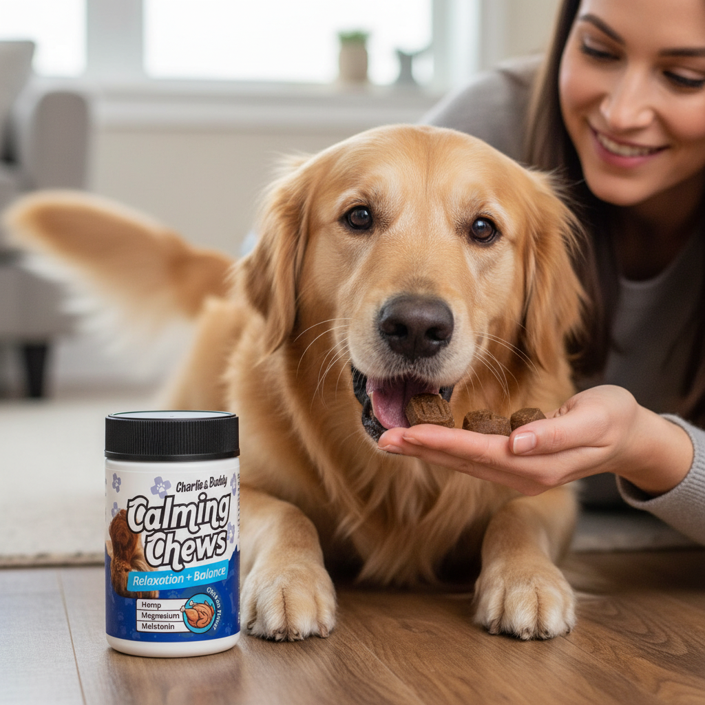 Happy dog eating chicken flavored calming chew from owner hand
