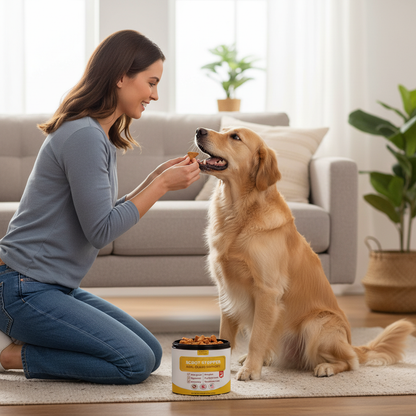 Owner giving dog Scoot Stopper soft chew for anal gland support