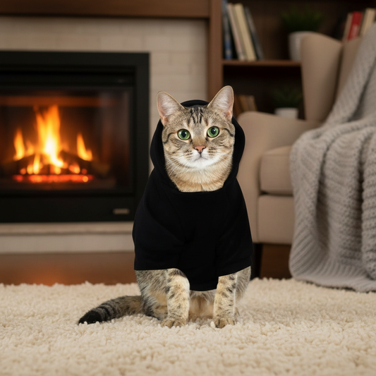 Cat wearing cozy pet hoodie indoors warmth and cuteness versatility