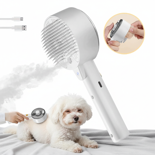 Small dog enjoying massage with steam grooming brush versatile multi-pet