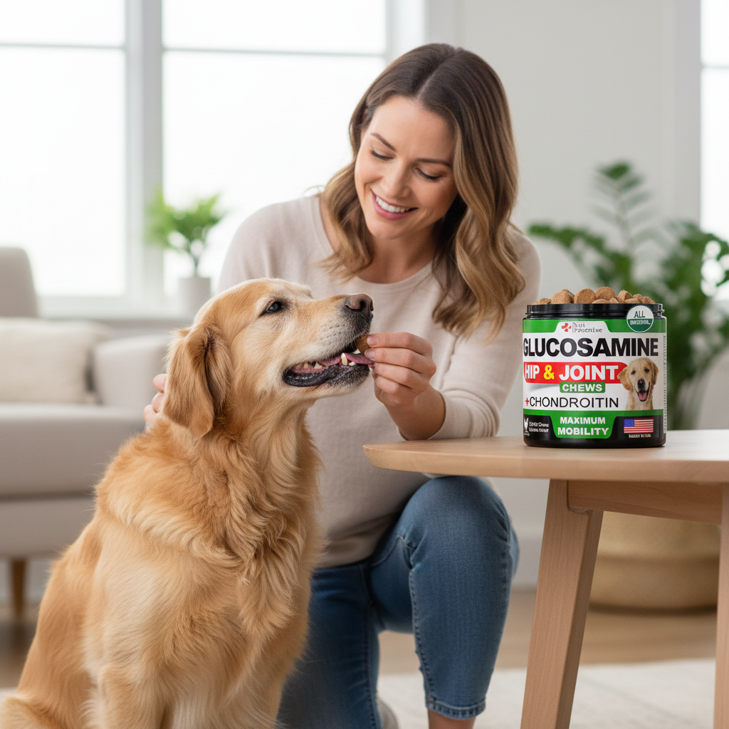 Owner giving dog tasty glucosamine mobility chew supplement