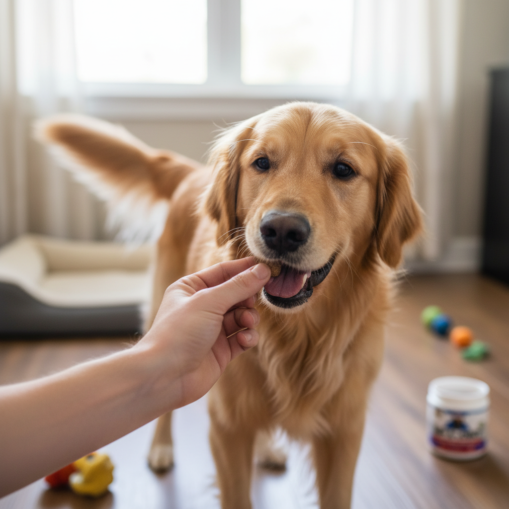 Owner giving dog chicken flavored ColEaze joint chew supplement