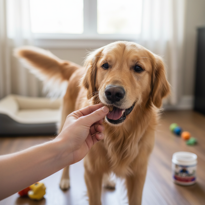 Owner giving dog chicken flavored ColEaze joint chew supplement