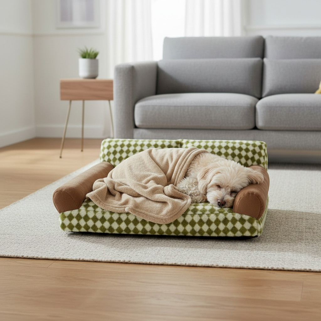 Small dog sleeping on green white cozy couch bed raised sides comfort security
