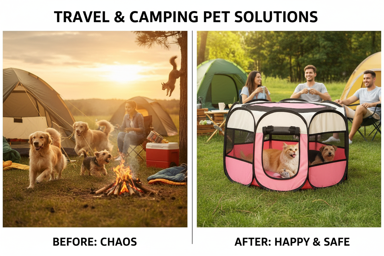 Before and after: loose pets vs safe in portable camping playpen
