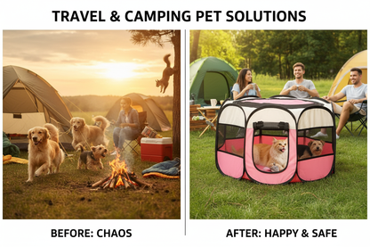 Before and after: loose pets vs safe in portable camping playpen