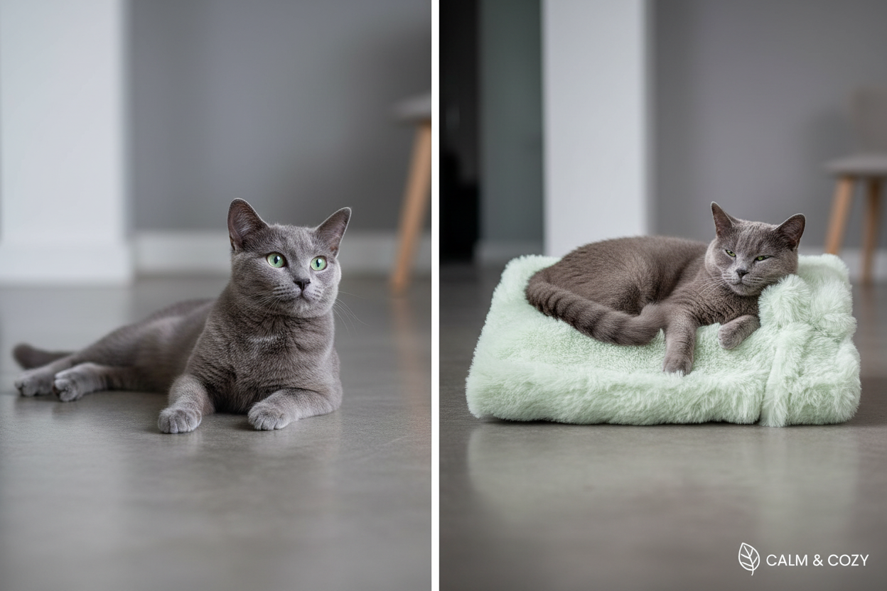 Russian Blue cat before and after on calming bed