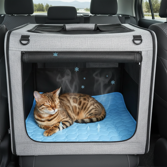Cat resting on cooling pad in crate during travel staying cool