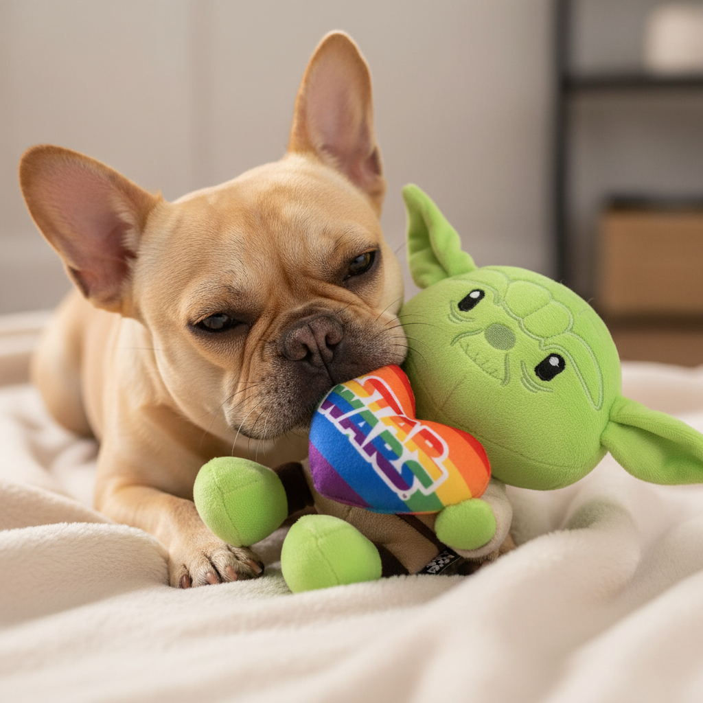 French Bulldog cuddling Yoda Pride galaxy heart toy
