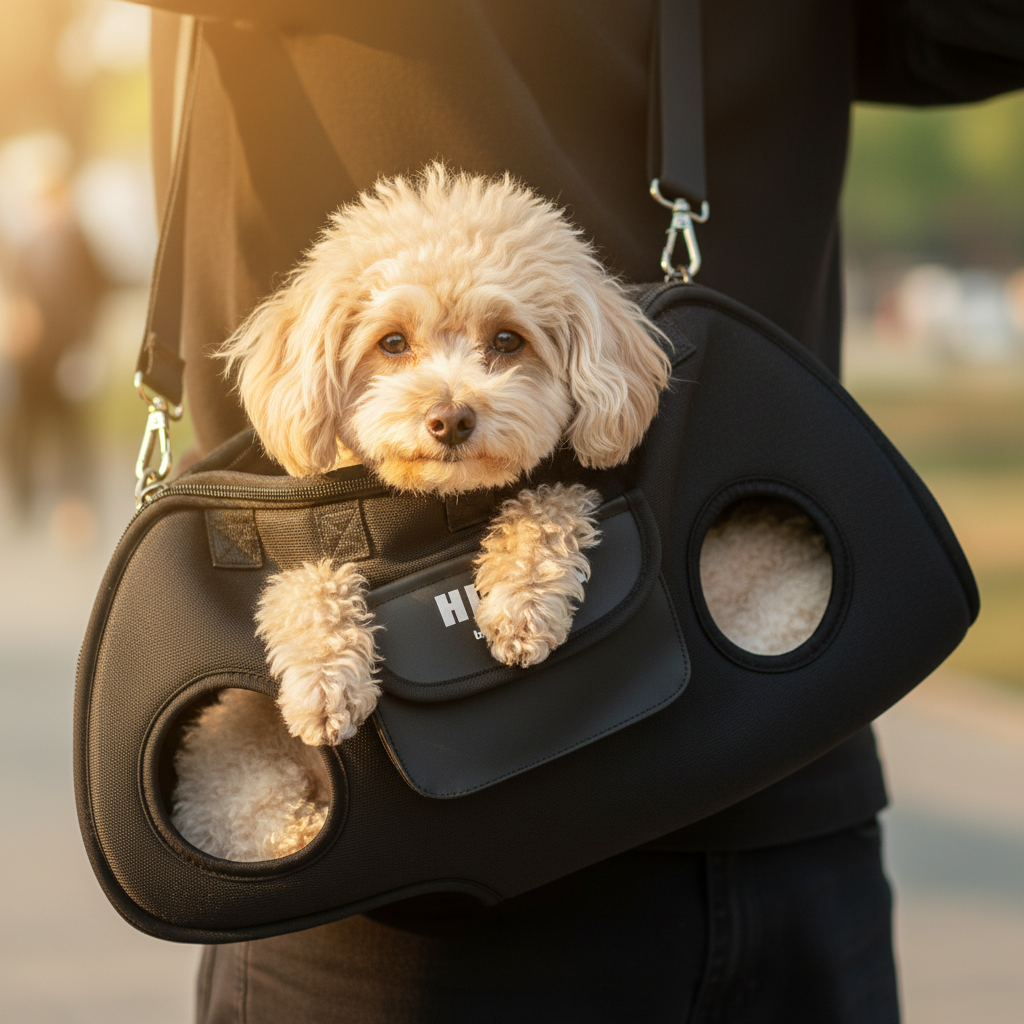 Toy Poodle peeking from black crossbody carrier